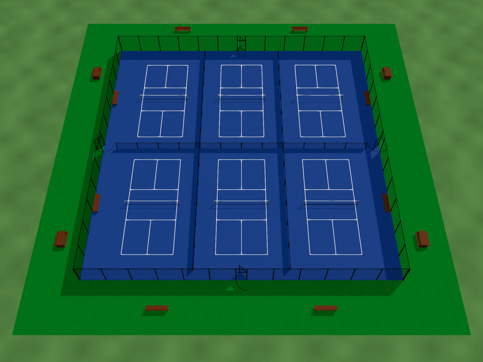 Courts-O-Rama 3D preview of the current Peter Kirk Park layout: six pickleball courts inside a 10ft perimeter fence, 4ft divider fences between them, and benches in the walkway inside the fence