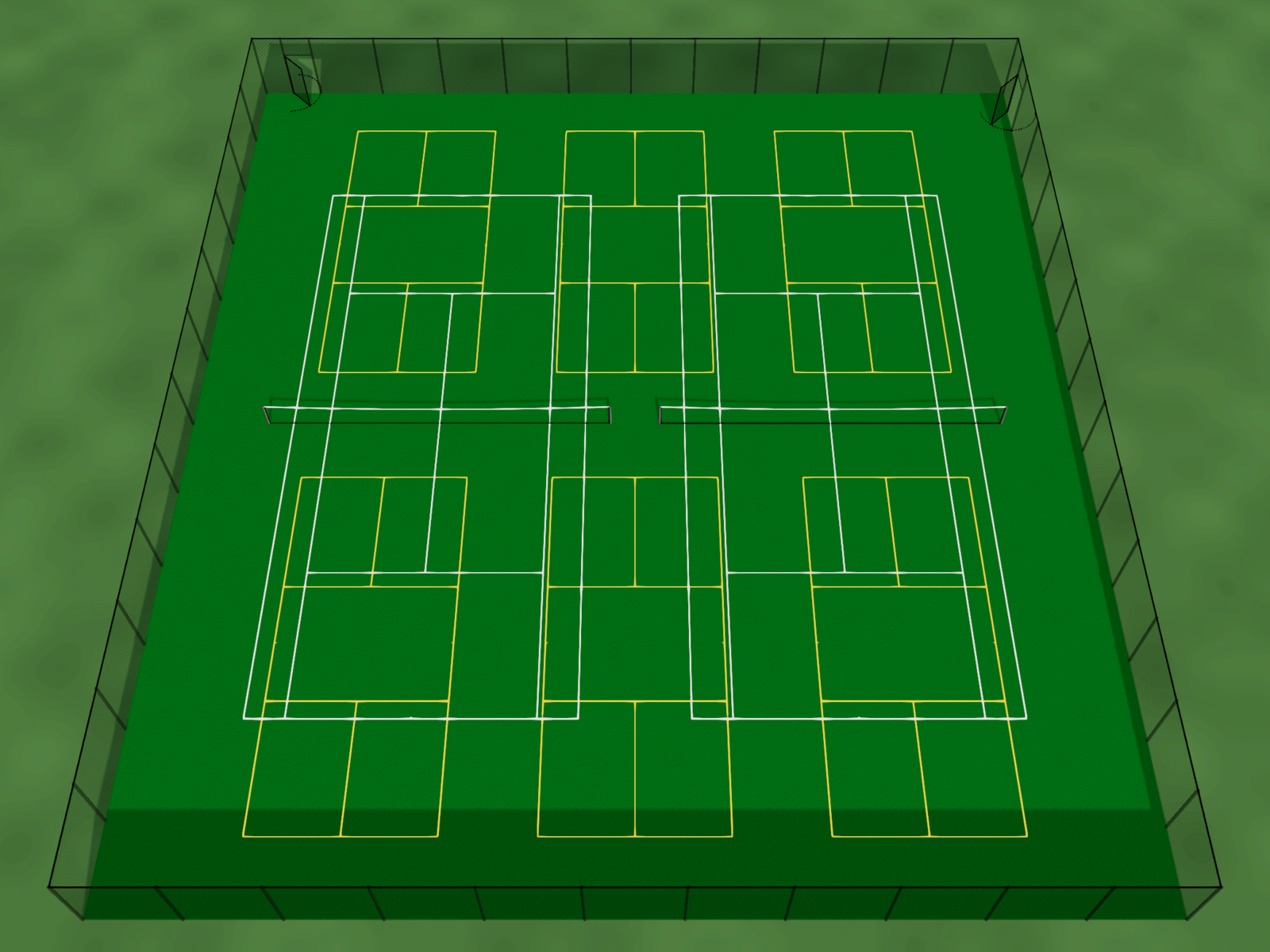 Courts-O-Rama 3D preview of the improved Shoreview Park layout at the same moment, the yellow pickleball baselines of the bottom row still readable under the bottom fence's shadow