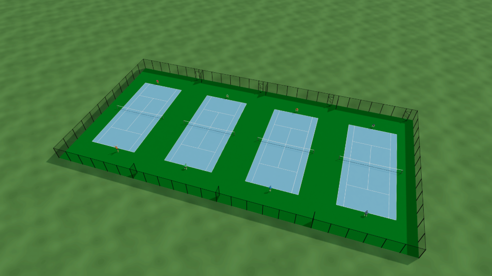3D render of four outdoor tennis courts side by side on one long slab inside a single fence, each with a net and white lines on a light blue court