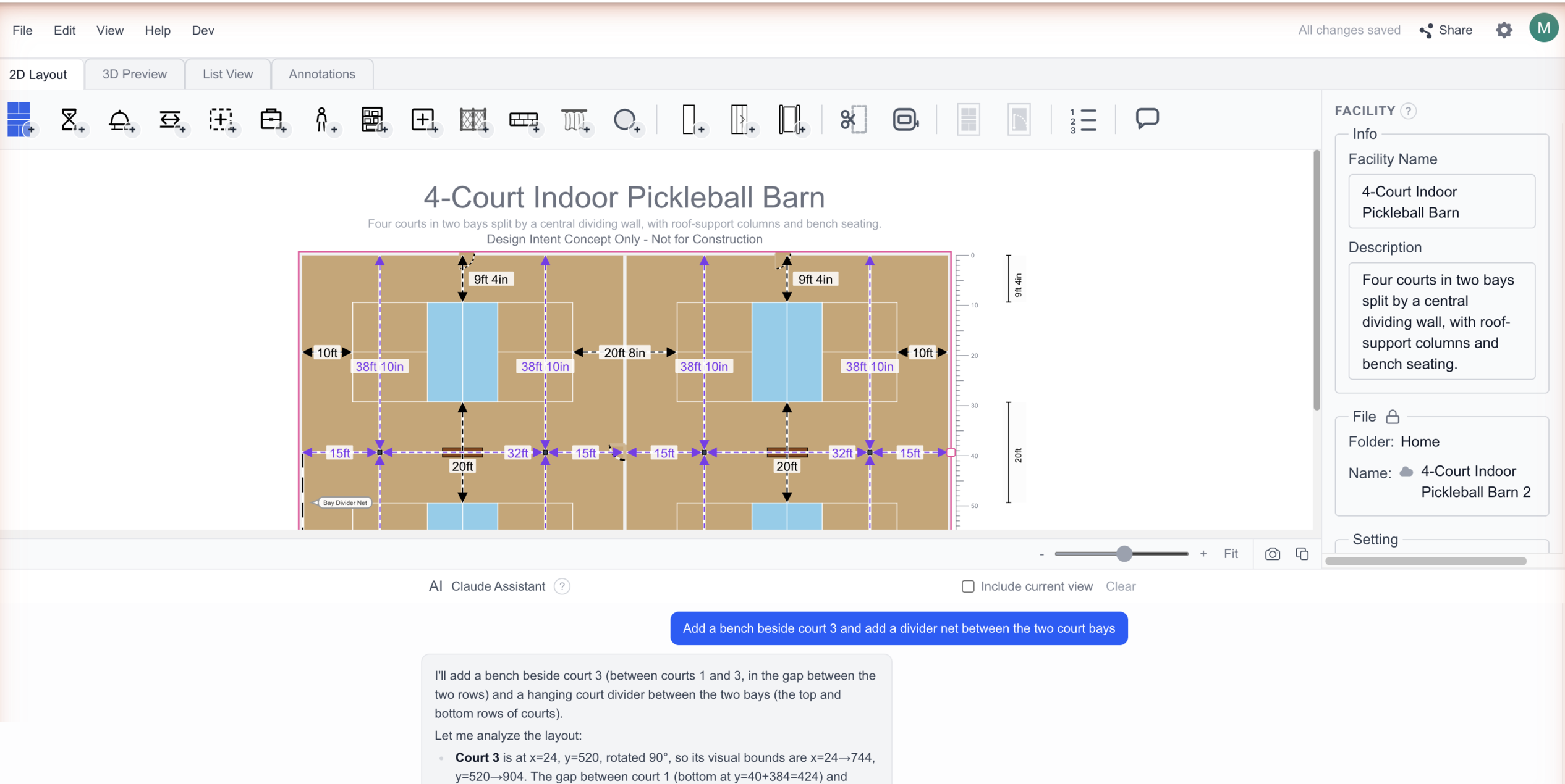 Courts-O-Rama AI assistant adding a hanging divider net to a 4-court indoor pickleball barn from a plain-English command