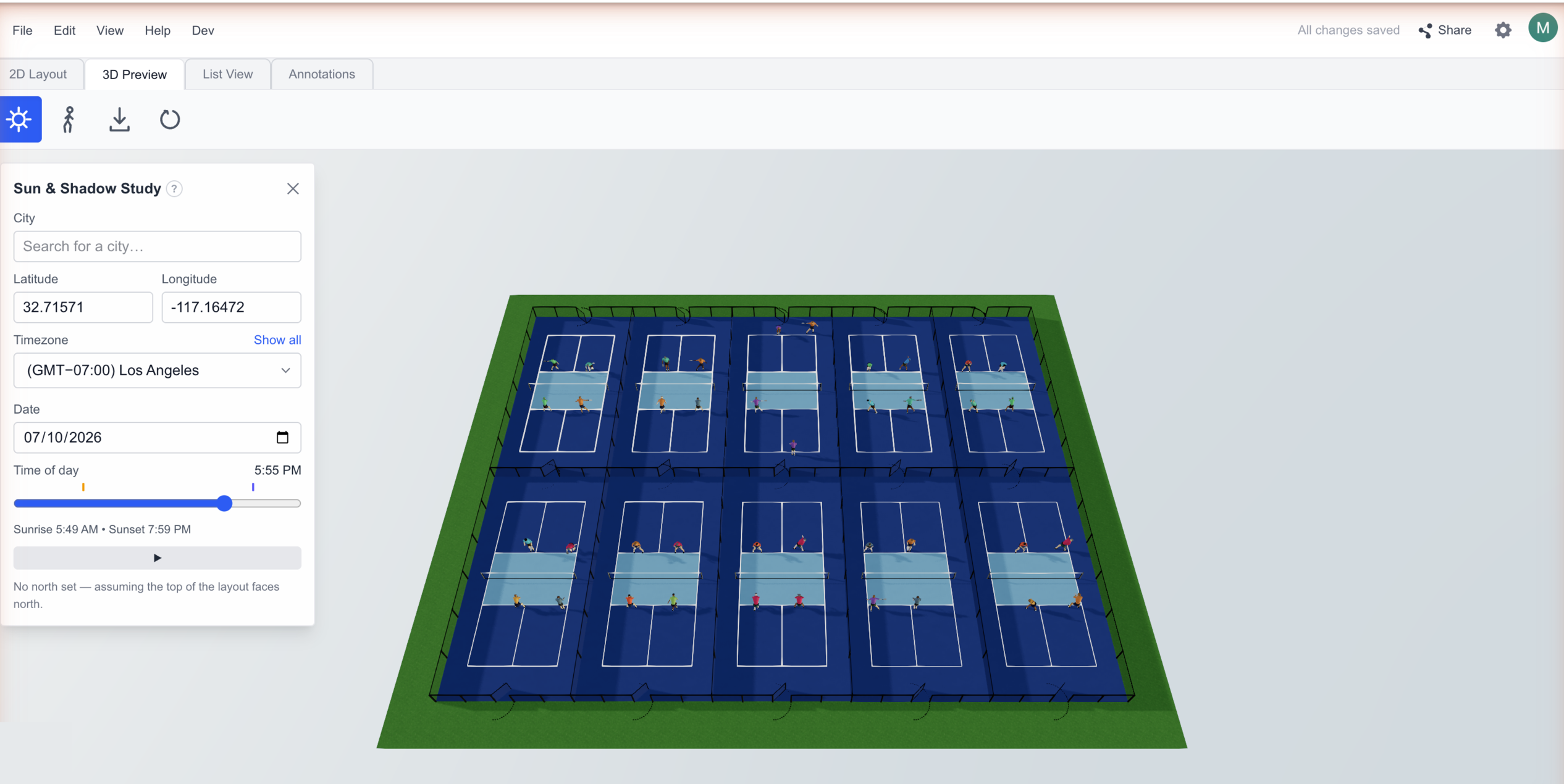 Courts-O-Rama 3D preview of a 10-court pickleball center with the sun and shadow study panel casting late-afternoon shadows