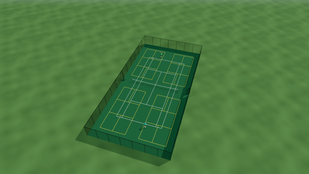 3D render of one fenced outdoor tennis court with four yellow-lined pickleball courts painted over it, two across and two deep, meeting at the tennis net