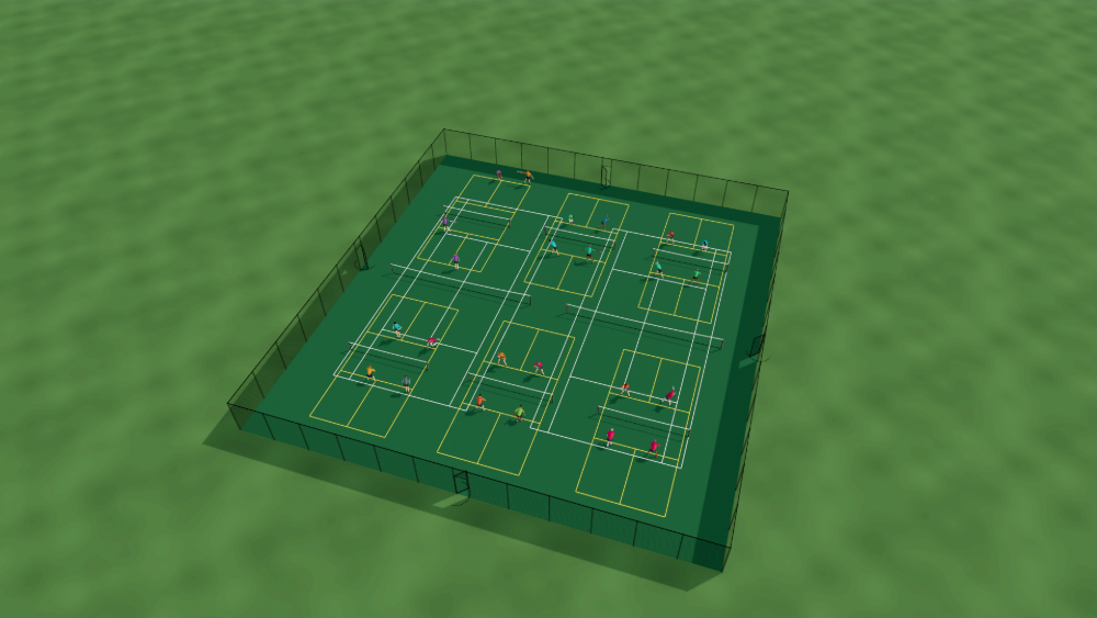 3D render of six pickleball courts painted over two fenced tennis courts, with a gate on every side