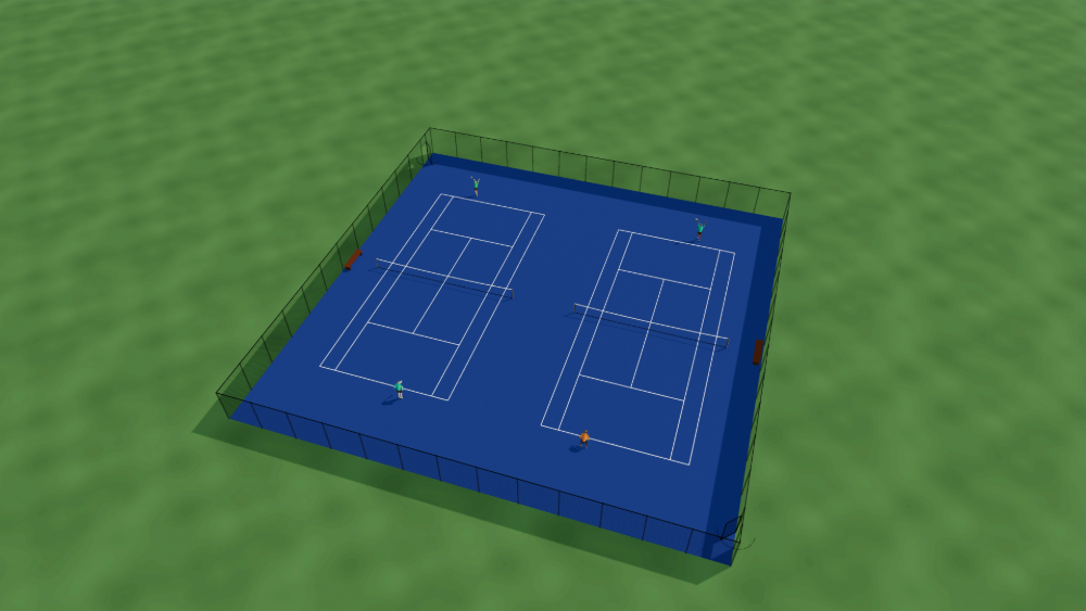 3D render of two outdoor tennis courts side by side inside a perimeter fence